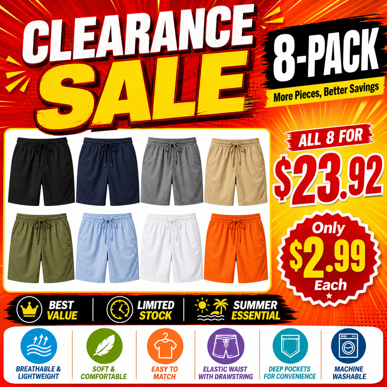 Clearance Sale Men's Breathable Drawstring Shorts, Comfortable Summer Casual Athletic Shorts with Pockets, Lightweight Beach Vacation Lounge Wear