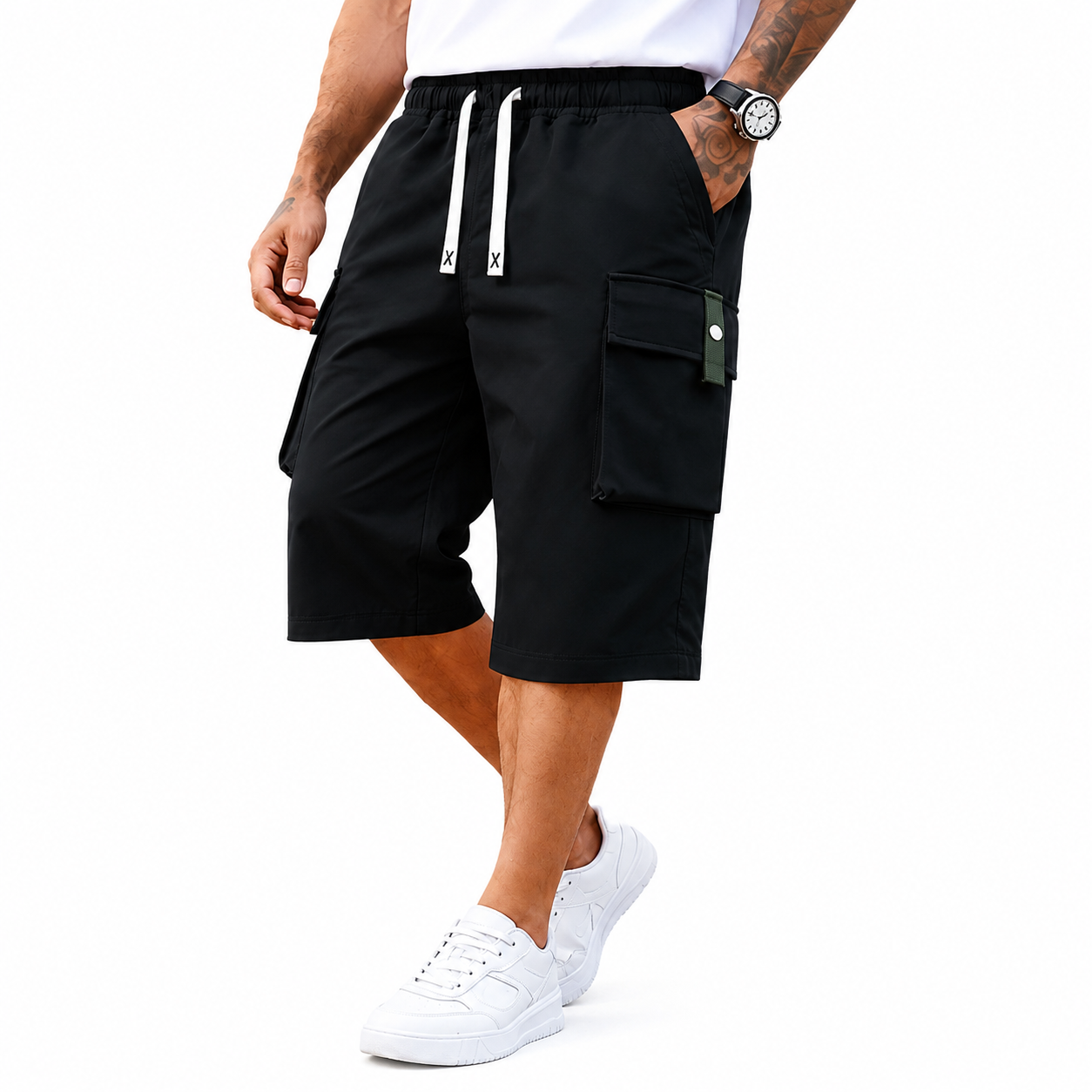 Men’s Plus Size Cargo Shorts, 3-Pack — elastic waistband design, multiple pockets, letter embroidery decoration, regular fit with a mid-rise waist, non-stretch fabric suitable for everyday wear and casual activities, non-see-through fabric