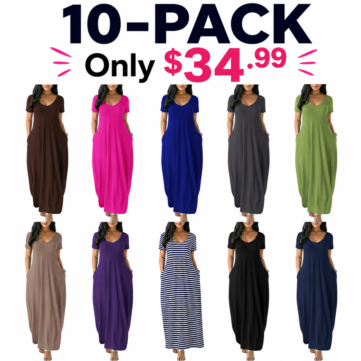 Women's Long Loungewear Dress, Casual Fitted Style, Large Round Neck Short Sleeve Pocket Sleepwear, Soft Fabric Everyday All Seasons Wear
