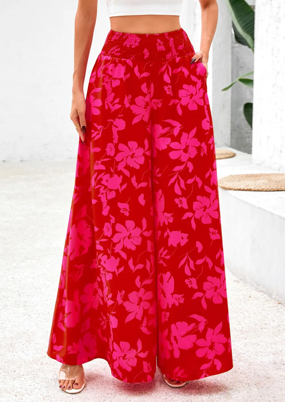 Casual Elastic High WaistedPockets Boho Beach Wide LegPalazzo Pants