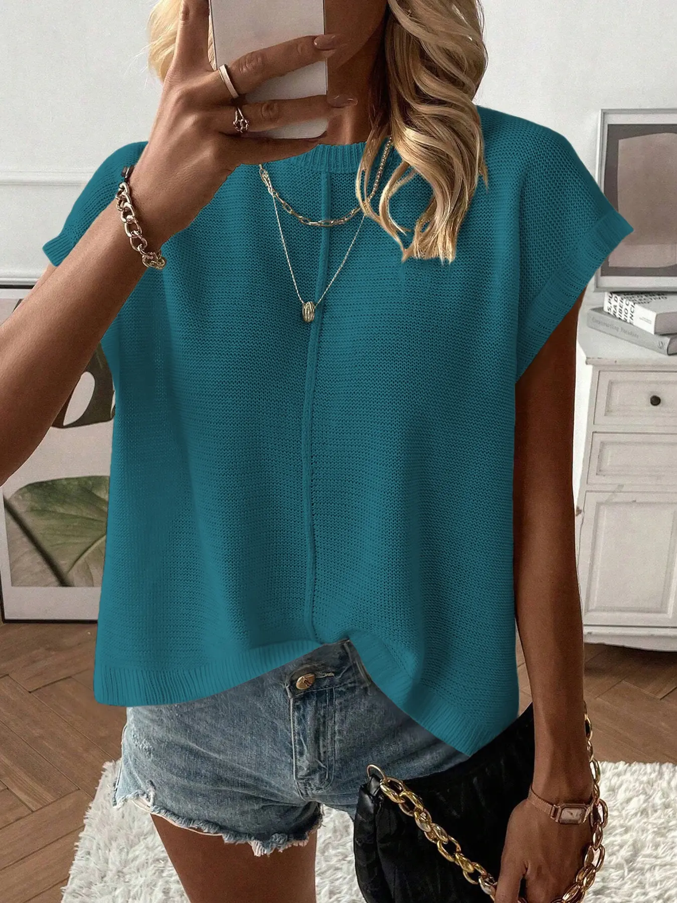 Teal blue relaxed knit vest