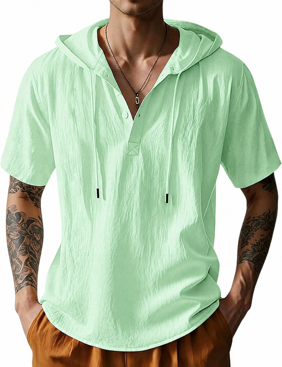 Men's Cotton Linen Shirts Short Sleeve Casual Button Down Hoodies Summer Hawaiian Beach Top with Drawstring