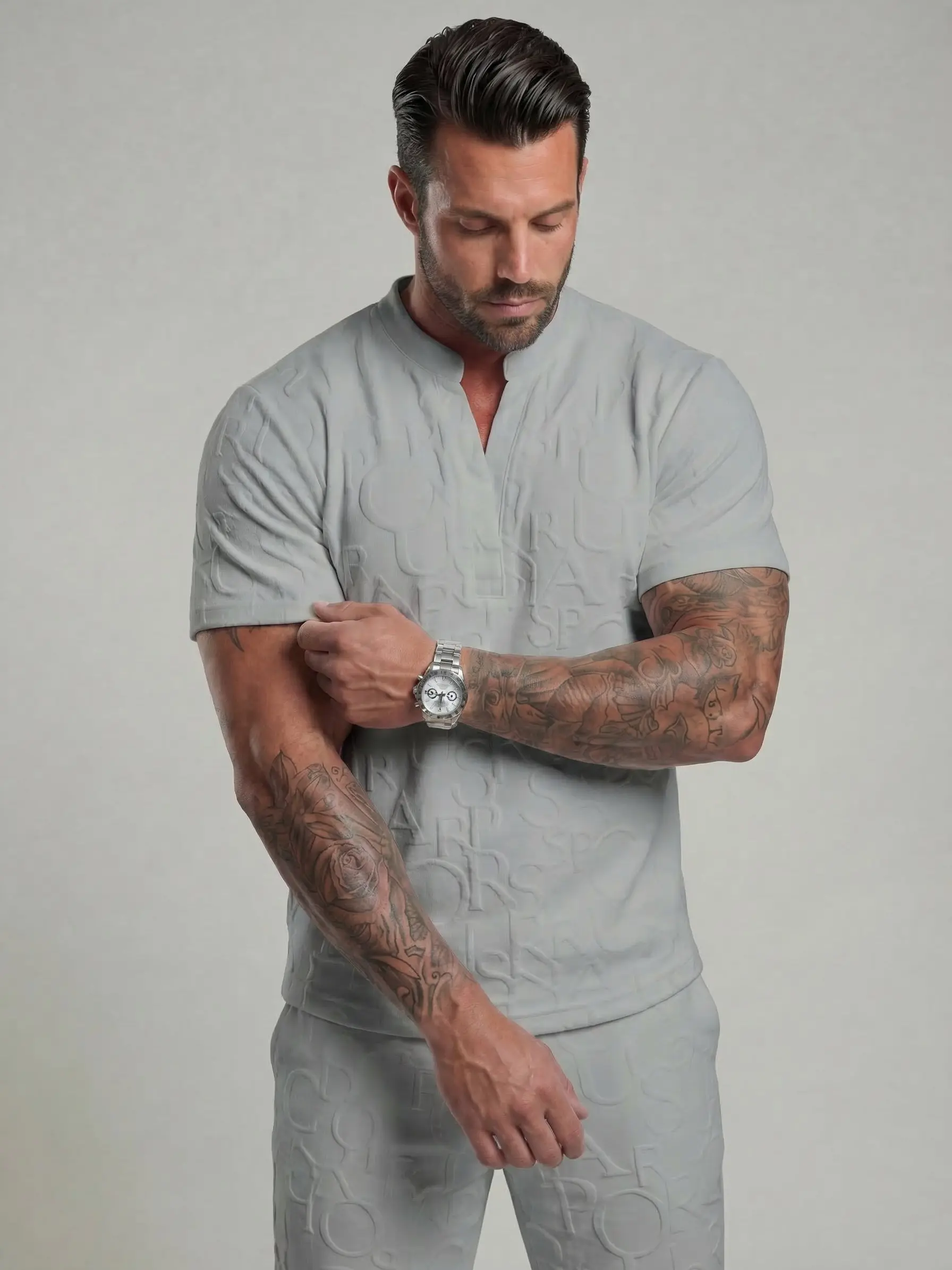 Men’s Textured Letter Embossed 2-Piece Casual Set – Short Sleeve Notch Neck Shirt & Drawstring Pants 5-Pack