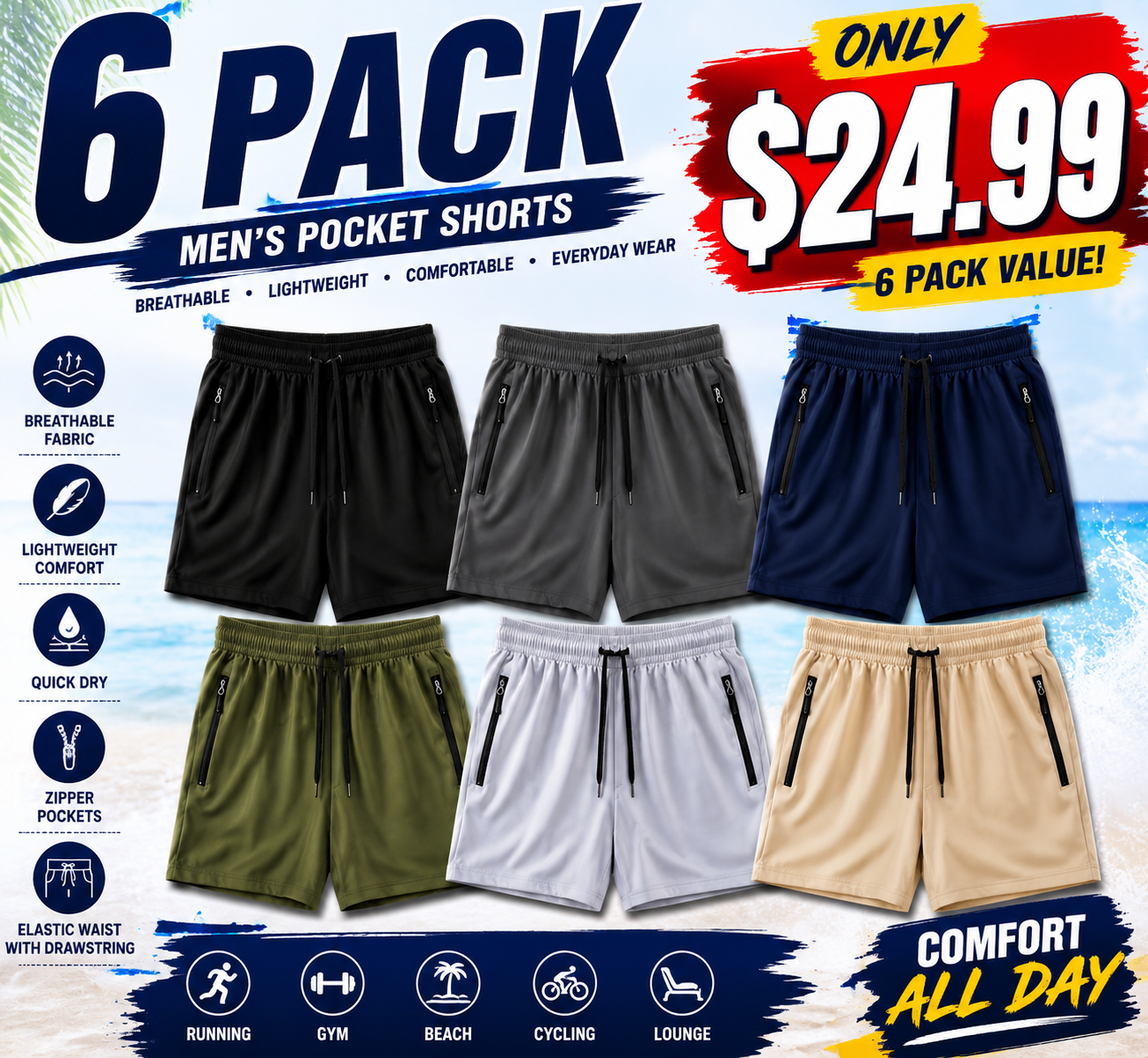 Men's Plain Solid Color Drawstring Pocket Shorts