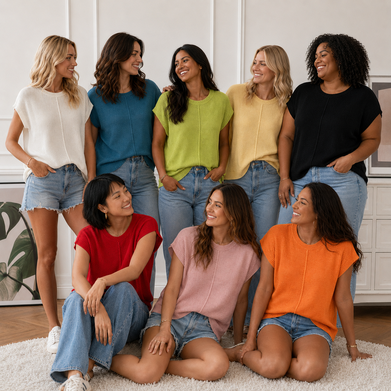 Eight adult models wearing relaxed knit vest colors