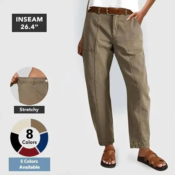 💝Last Day Promotion⚡- Solid Mid-Rise Baby Barrel Pants, High Stretch, Deep Pockets