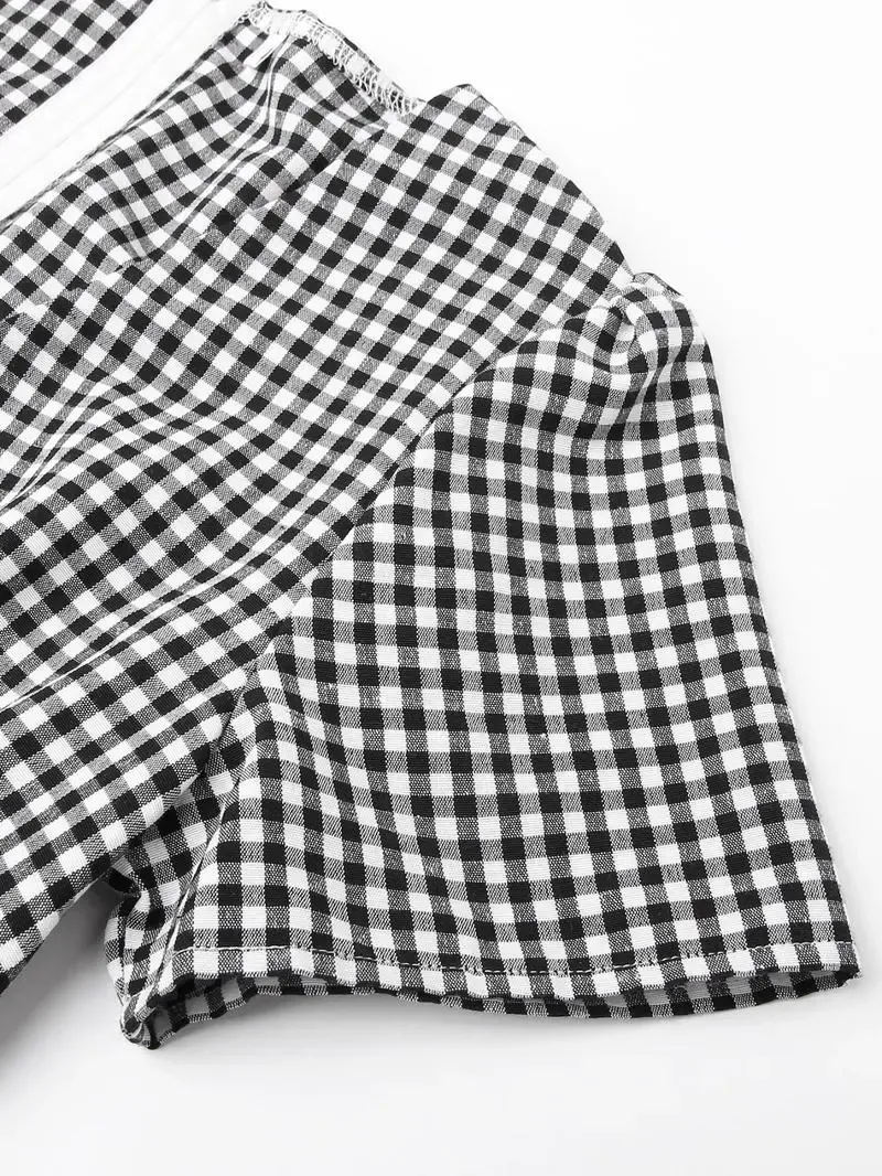 Women's Plaid Print Button Decor V Neck Shortsleeve