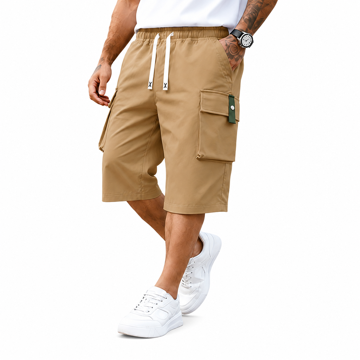 Men’s Plus Size Cargo Shorts, 3-Pack — elastic waistband design, multiple pockets, letter embroidery decoration, regular fit with a mid-rise waist, non-stretch fabric suitable for everyday wear and casual activities, non-see-through fabric