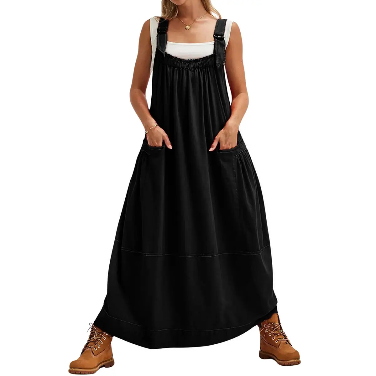 Sleeveless Strappy Maxi Dress with Big Pockets & Adjustable Straps