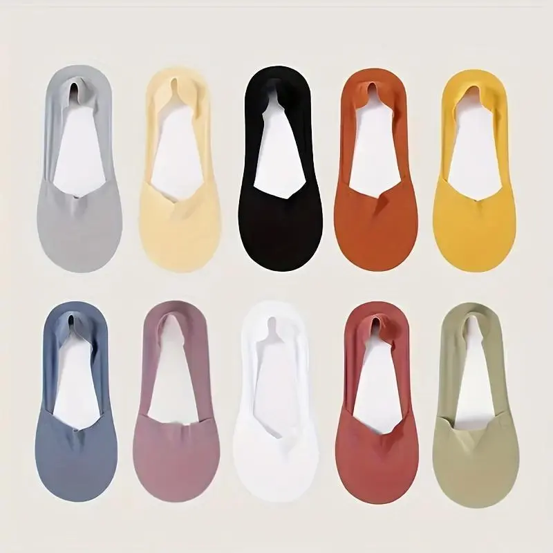 10 Pairs of Women's Invisible Socks — Cotton Breathable, Ultra-Thin for Summer, Seamless, Silk-Like Finish, Silicone Anti-Slip, Moisture-Wicking Soles, Sweat-Wicking Socks, Women's Essential Basics