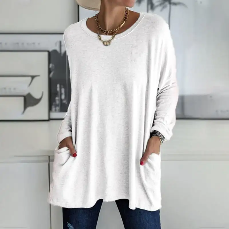 2026 Spring Summer New Round Neck Long Sleeve Pocket Solid T-Shirt