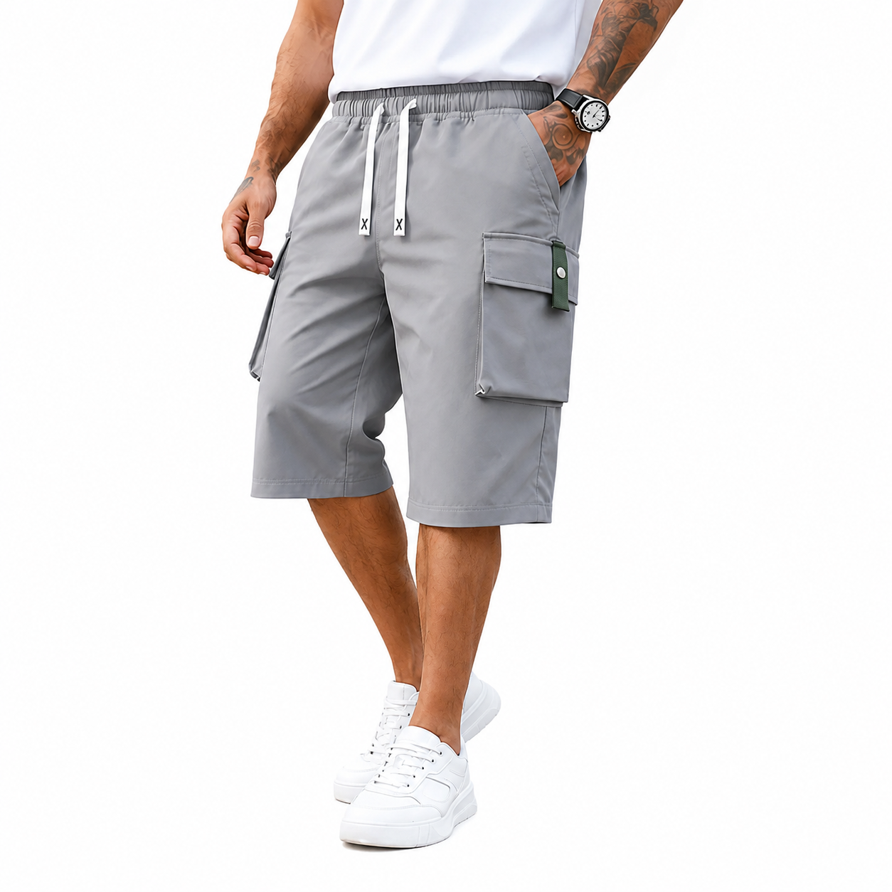 Men’s Plus Size Cargo Shorts, 3-Pack — elastic waistband design, multiple pockets, letter embroidery decoration, regular fit with a mid-rise waist, non-stretch fabric suitable for everyday wear and casual activities, non-see-through fabric