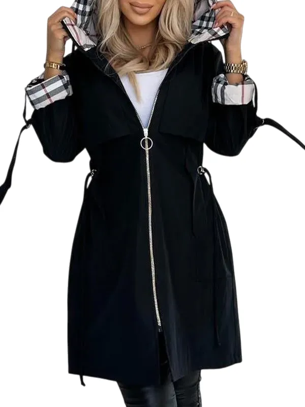 ⏰Winter Clearance Sale - 80% Off 🔥Women's Hooded Zipper Drawstring Plaid Print Casual Long Coat