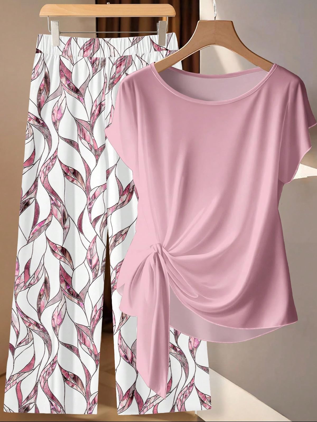 Women s Casual Printed Necktie Shirt & Loose Straight Pant Set