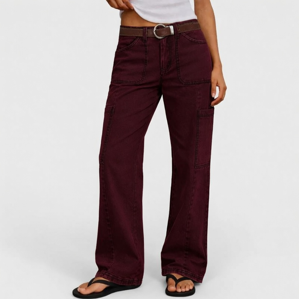 Stitch Detail Mid Waist Straight Leg Cargo Pants Without Belt