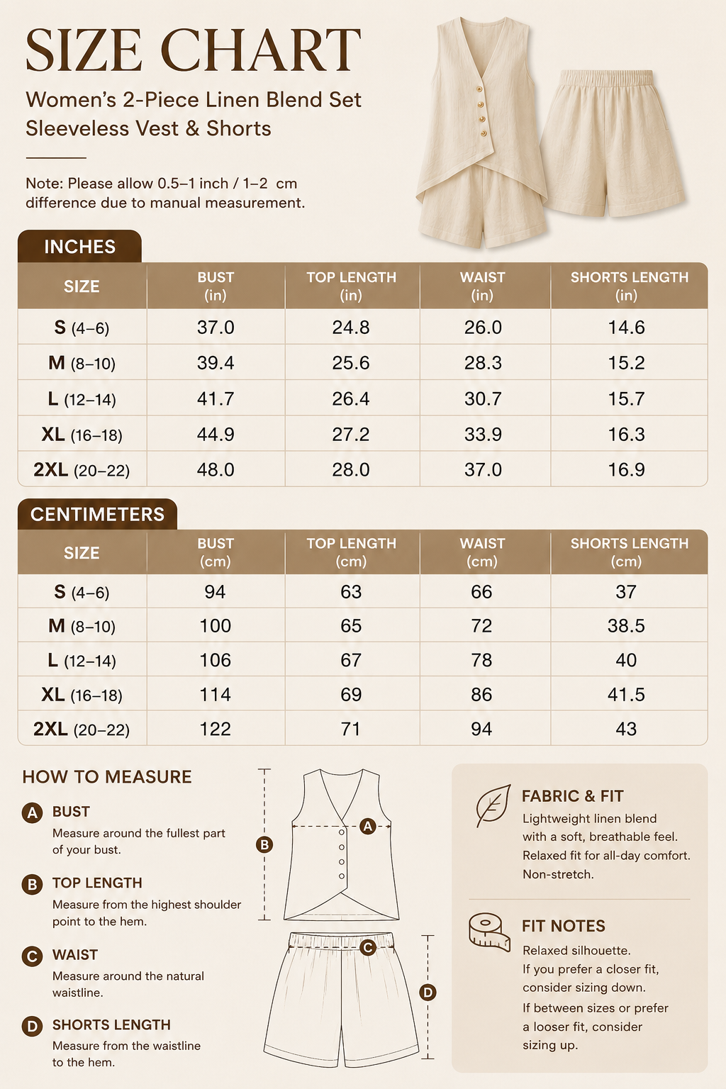 Size chart for textured V-neck two-piece set