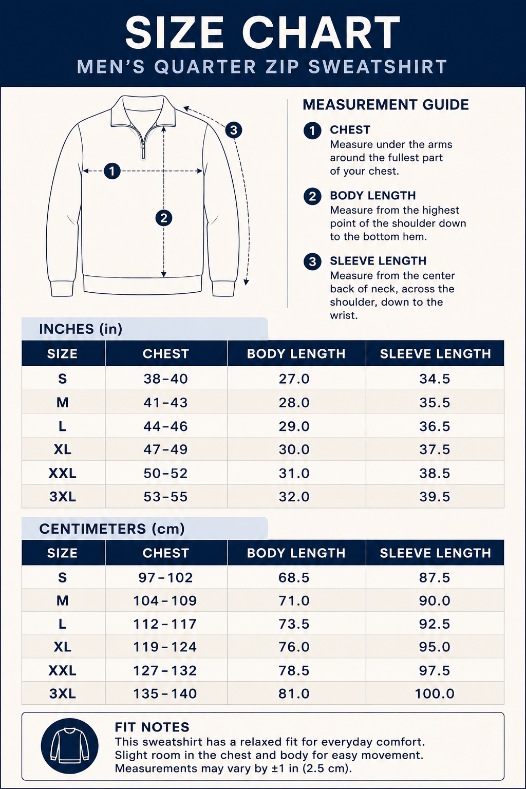 Size chart for mens quarter zip pullover sweatshirt