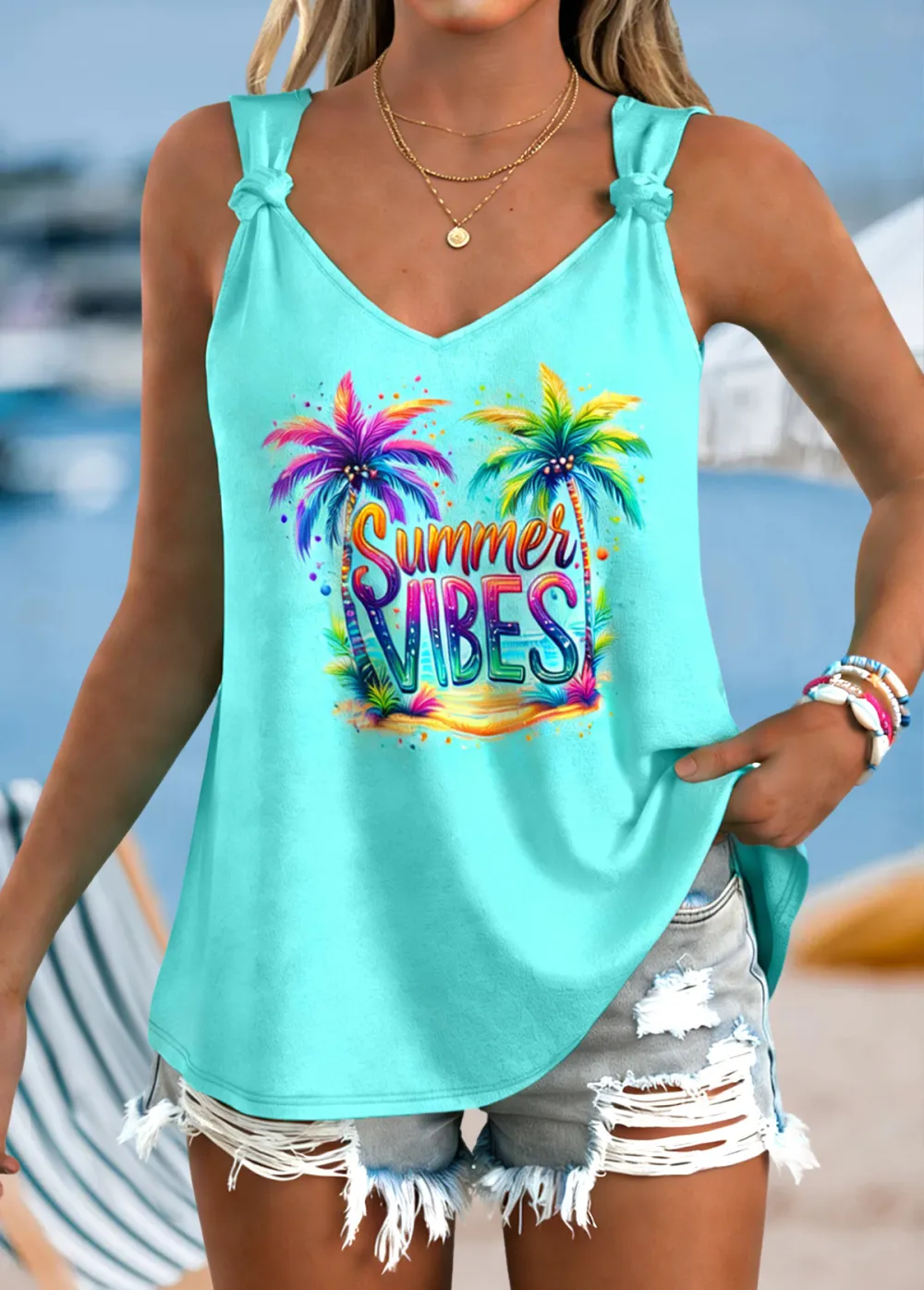 Dusty Blue Tummy Coverage Striped Strappy Tank Top