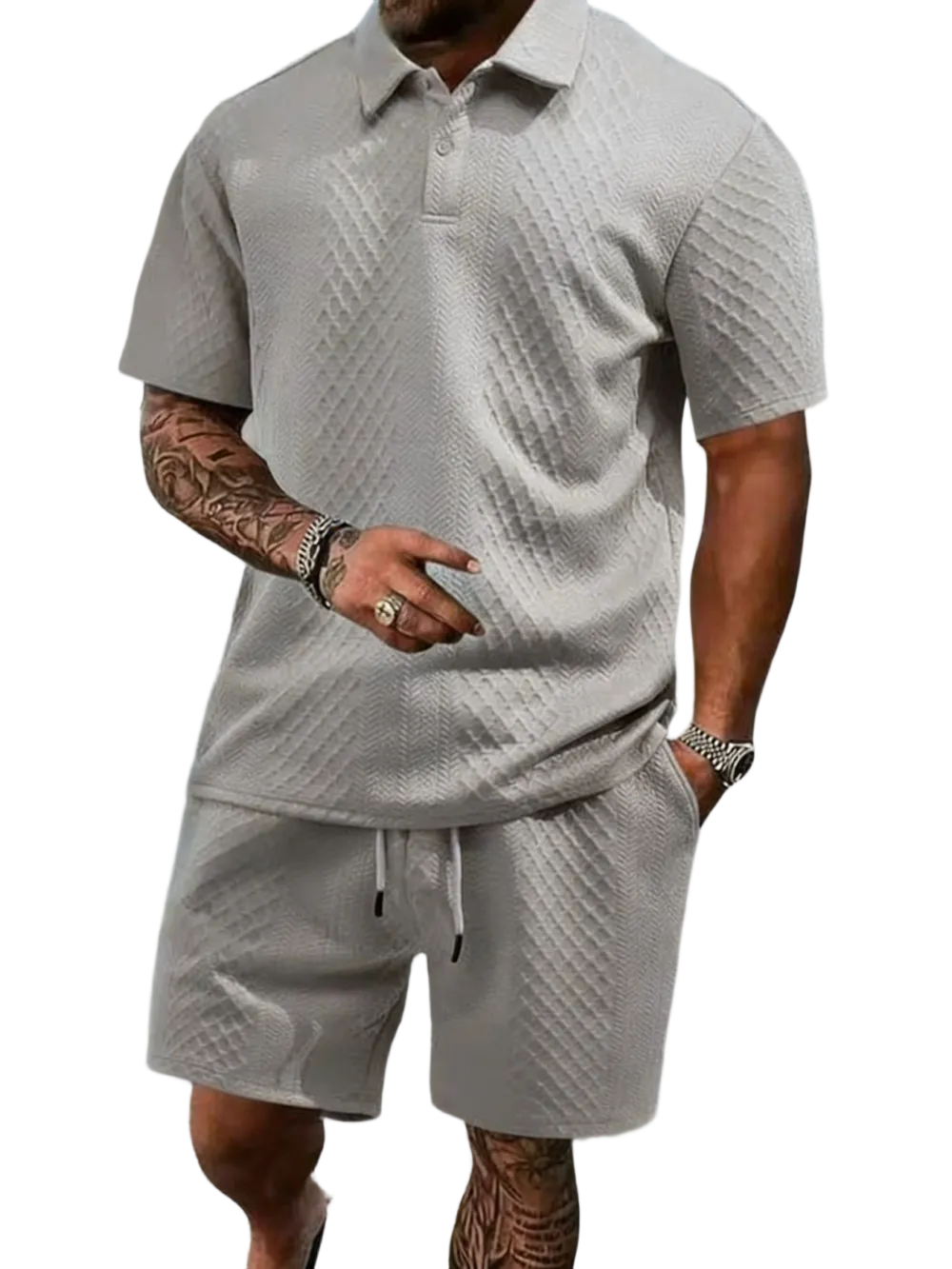 Men's Summer Casual Textured Polo Shirt and Shorts Two-Piece Set