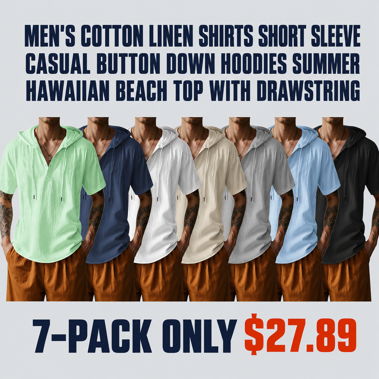 Men's Cotton Linen Shirts Short Sleeve Casual Button Down Hoodies Summer Hawaiian Beach Top with Drawstring