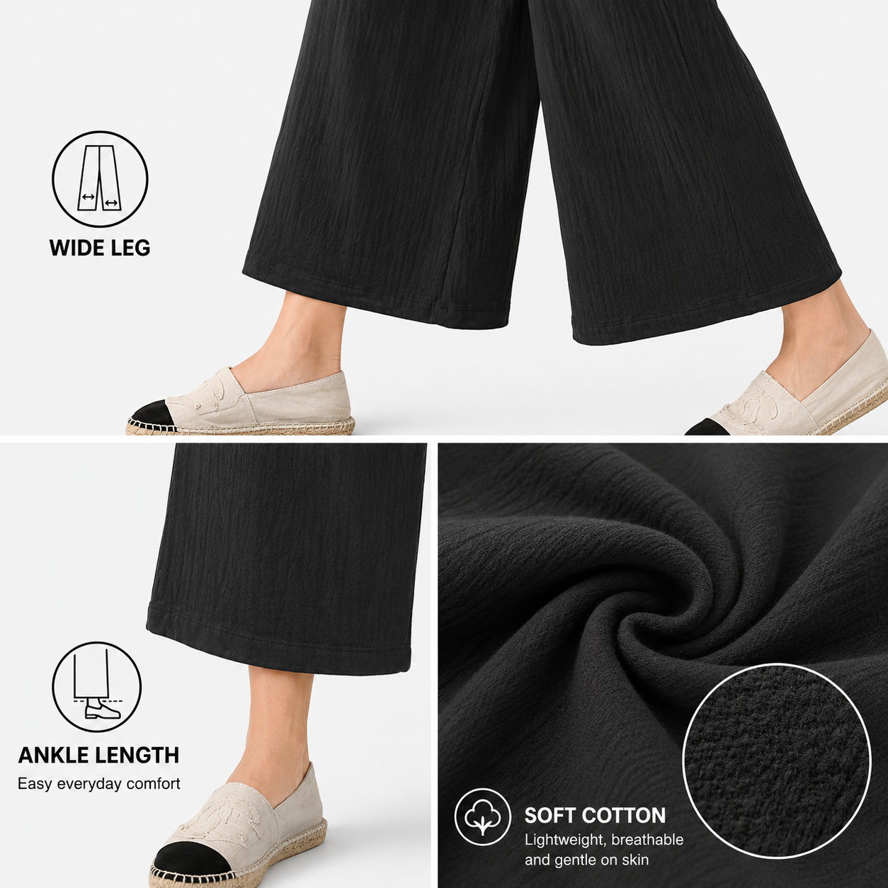 Wide leg ankle length and cotton texture detail
