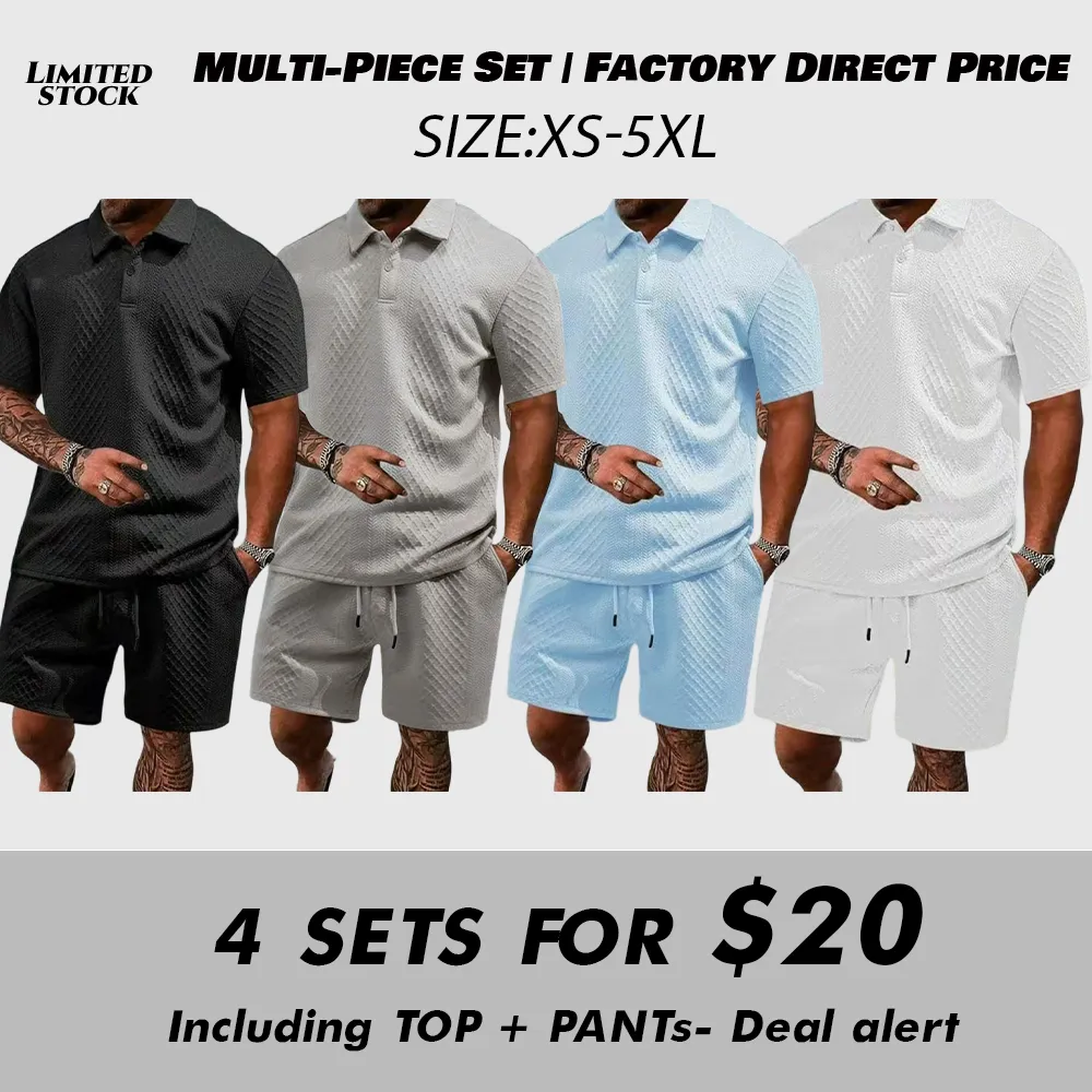 Men's Summer Casual Textured Polo Shirt and Shorts Two-Piece Set