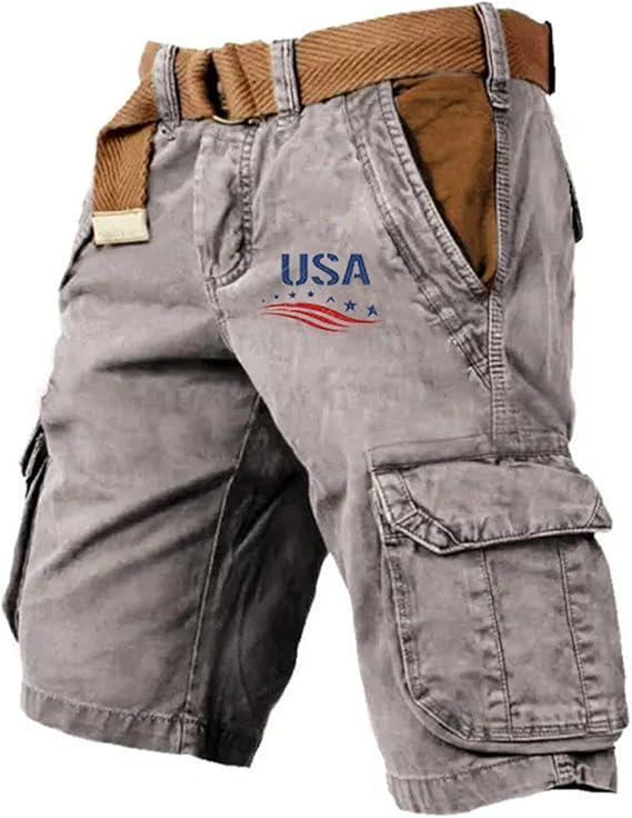 🔥Last Day 80% OFF🔥Men's Vintage Flag Independence Day Multi-Pocket Print Cargo Shorts (Belt Included)