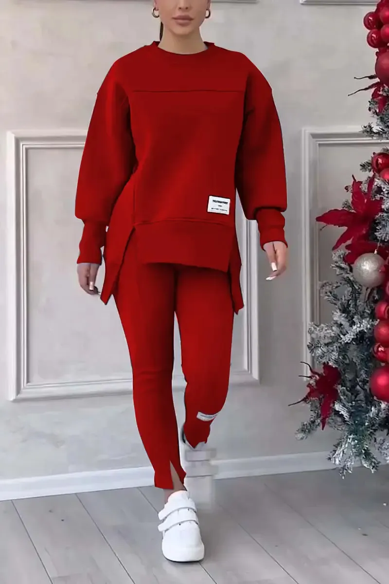 ⏰Winter Clearance Sale - 80% Off 🔥Women's Casual Solid Color Round Neck Long Sleeve Slit Hem Sweatshirt Leggings Set