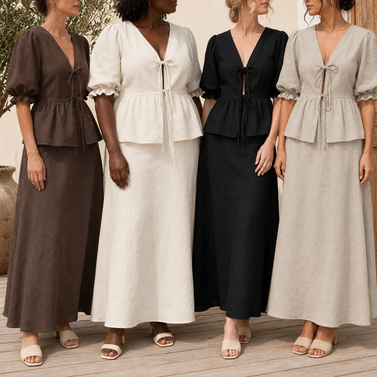 Four adult models wearing tie front puff sleeve top and maxi skirt in neutral colors