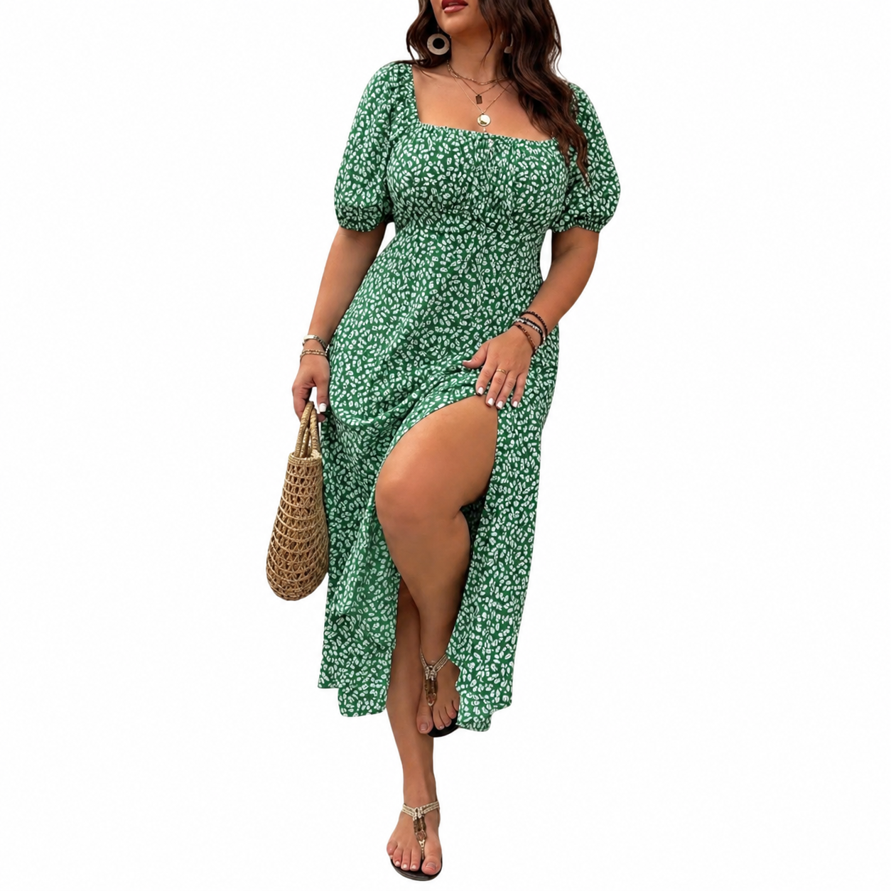 🔥Plus Size Ditsy Floral All Over Print Split Thigh Dress, Casual Puff Sleeve🎉