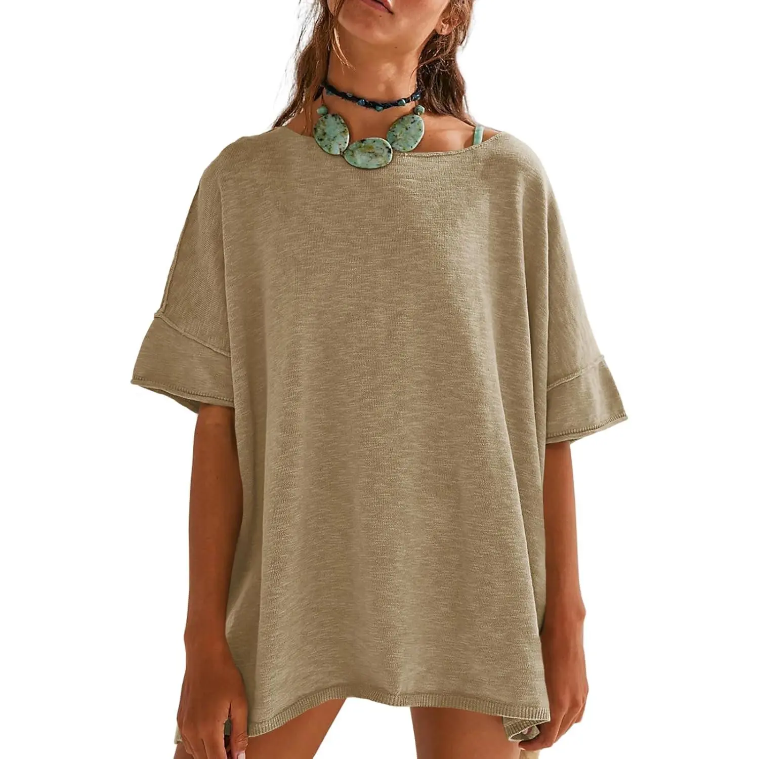 Women's Oversized T Shirts Casual Summer Crew Neck Loose Dropped Short Sleeve Side Slit Hem Blouse Tunic Tops Sweater Tee