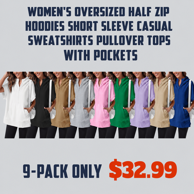 Women's Oversized Half Zip Hoodies Short Sleeve Casual Sweatshirts Pullover Tops with Pockets