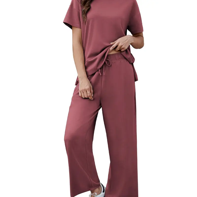 2 Piece Sets for Women Soft Short Sleeve Matching Lounge Set Wide Leg Pants Tracksuit Travel Summe Travel Kitr Outfits 2026 SwimWeek summerwins