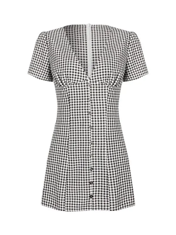 Women's Plaid Print Button Decor V Neck Shortsleeve
