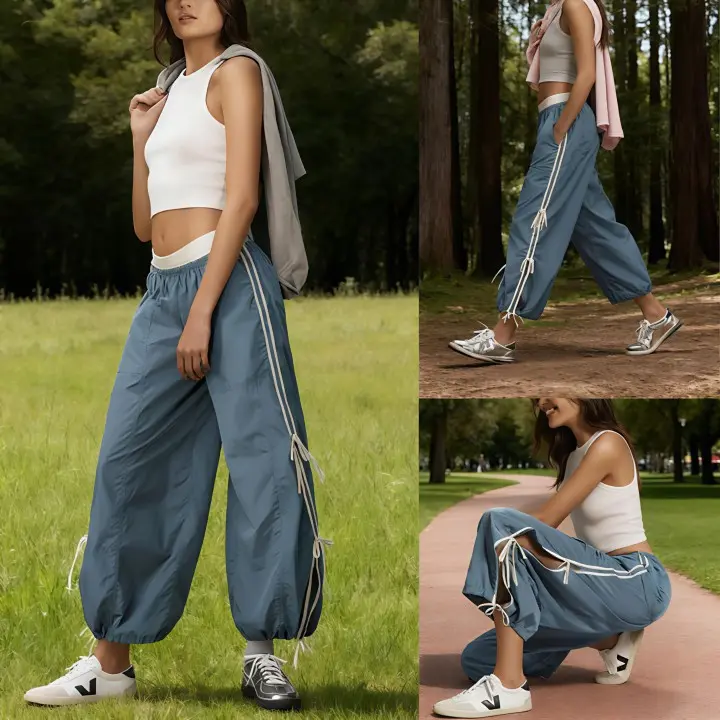 UANEO Women's Parachute Style Elastic High Waist Full Twist Hiking Cargo Pants with Adjustable Cuffs Womenswear Casual Bottom
