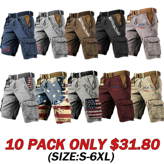 🔥Last Day 80% OFF🔥Men's Vintage Flag Independence Day Multi-Pocket Print Cargo Shorts (Belt Included)
