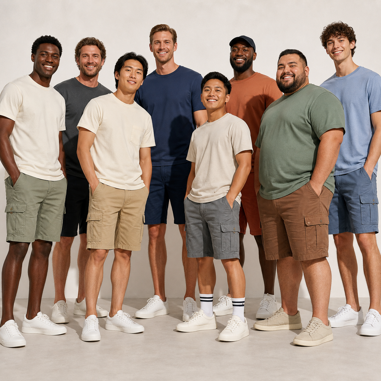 8-model group photo showing the cargo shorts across the confirmed color range