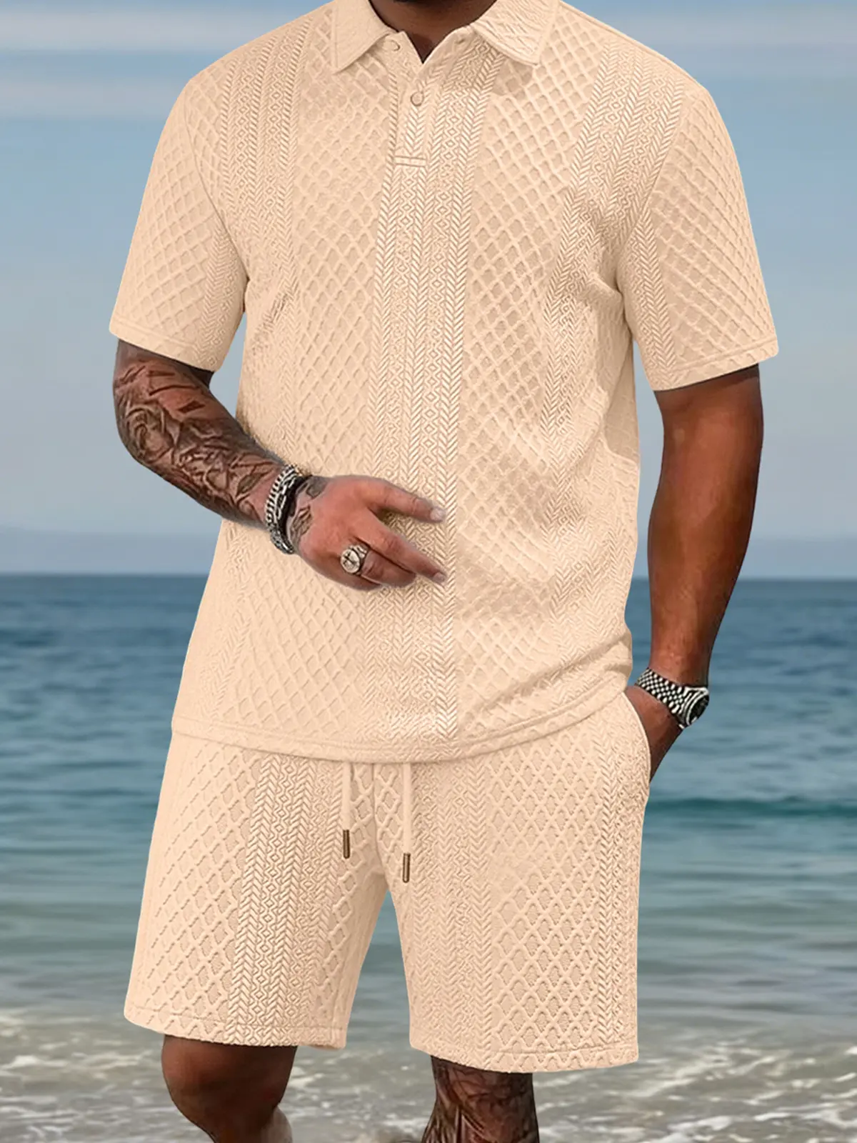 Men's summer casual texture fabric solid color polo shirt T-shirt shorts 2-piece set, loose fit suitable for casual sports, breathable and cool, essential summer outfit, comfortable and versatile  Menswear Plain