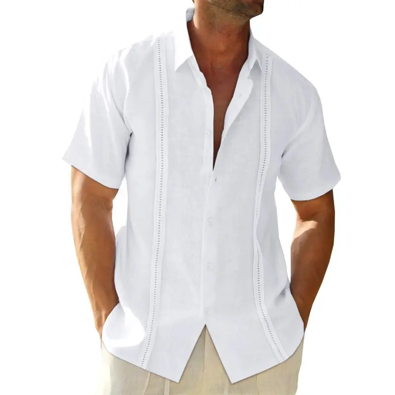 Mens Linen Cuban Guayabera Shirts Button Down Short Sleeve Shirt Cotton Hippie Summer Beach Vacation Shirts Casual Shortsleeve