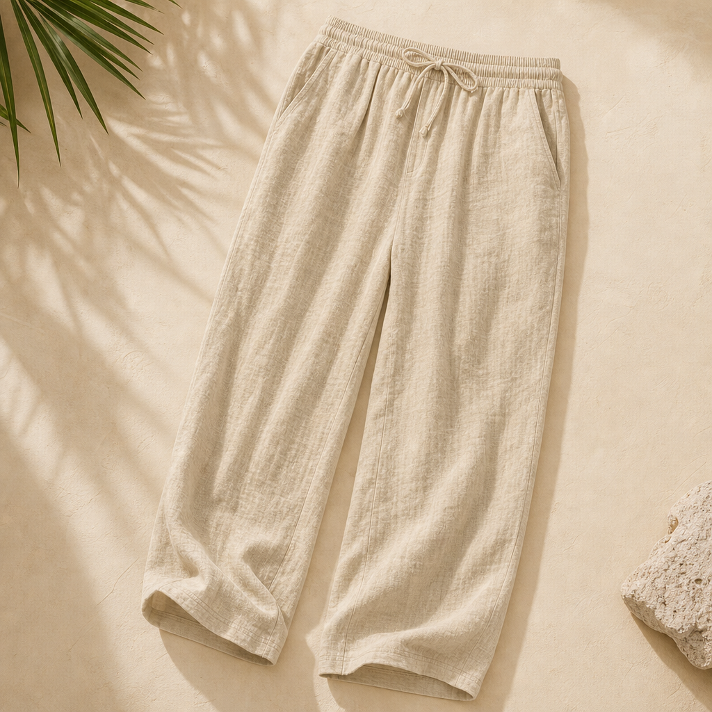 Men linen-blend drawstring wide leg pants lightweight fabric waistband pocket features