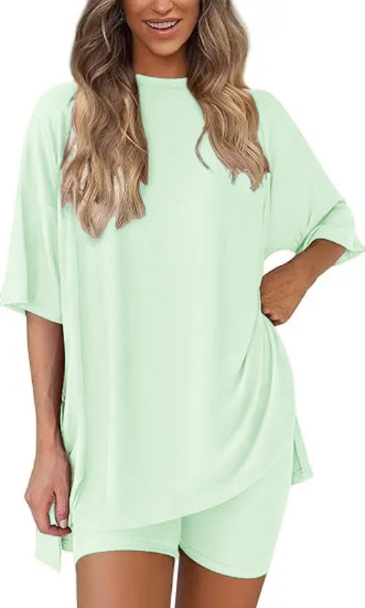 🔥Women's Two Piece Lounge Set 2026 Summer Casual Oversized Shirts Biker Shorts Matching Airport Travel Outfit