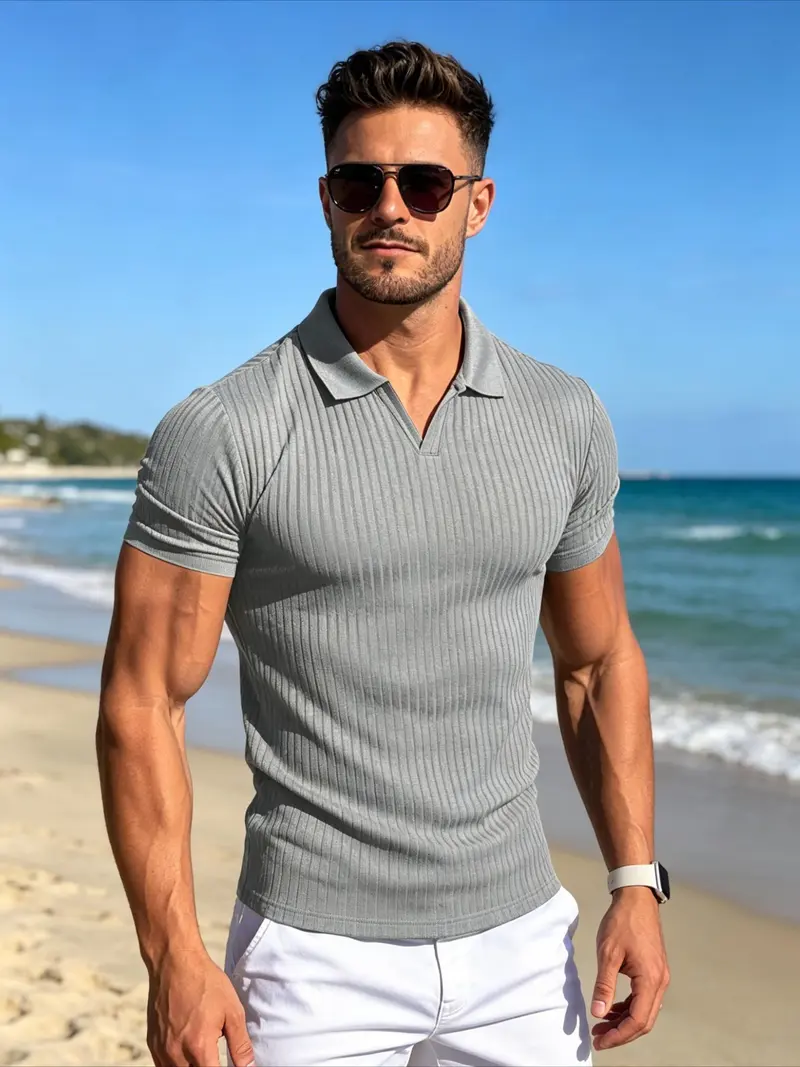 Heather Ash Grey ribbed knit open collar polo front view