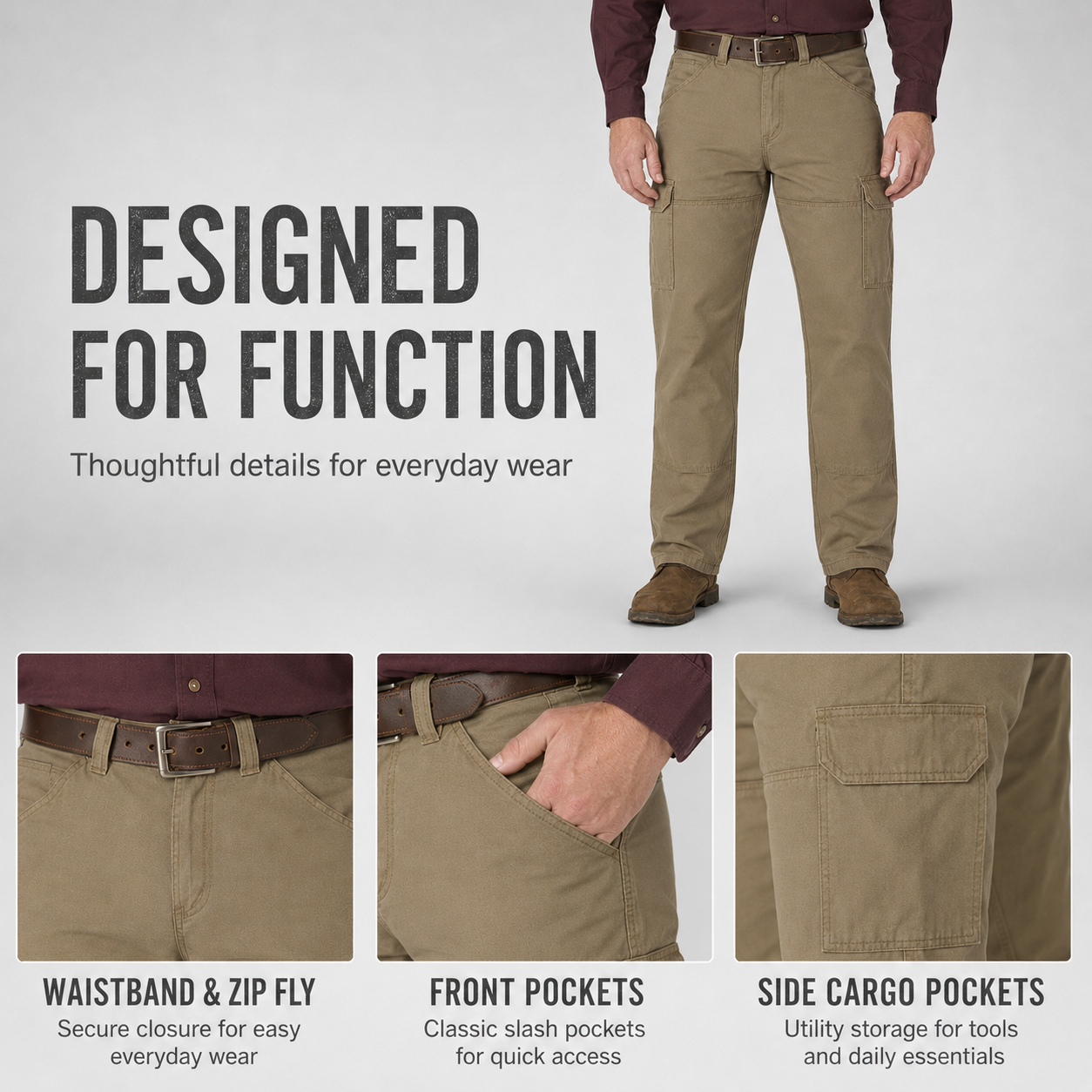 Cargo pants waistband zip fly front pockets and side cargo pocket details