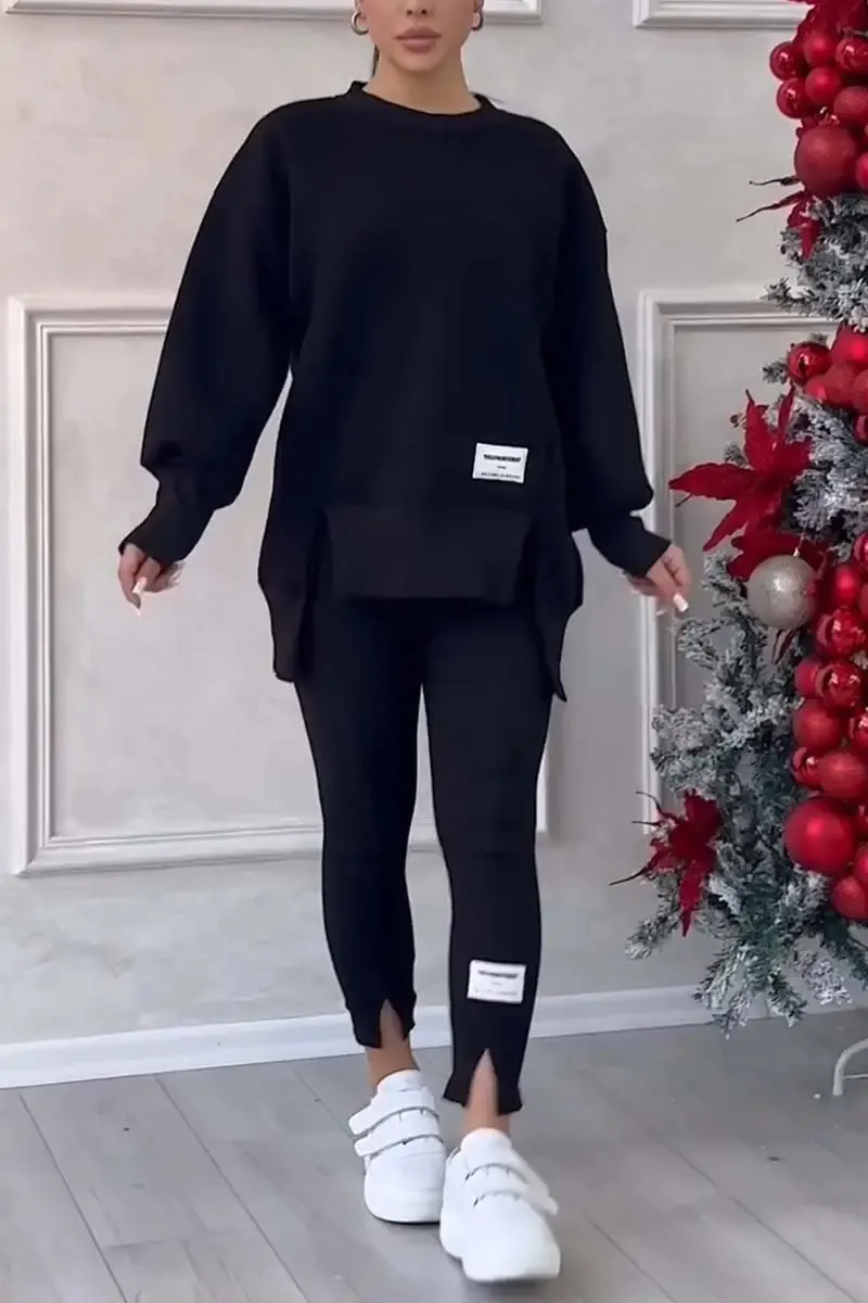 ⏰Winter Clearance Sale - 80% Off 🔥Women's Casual Solid Color Round Neck Long Sleeve Slit Hem Sweatshirt Leggings Set