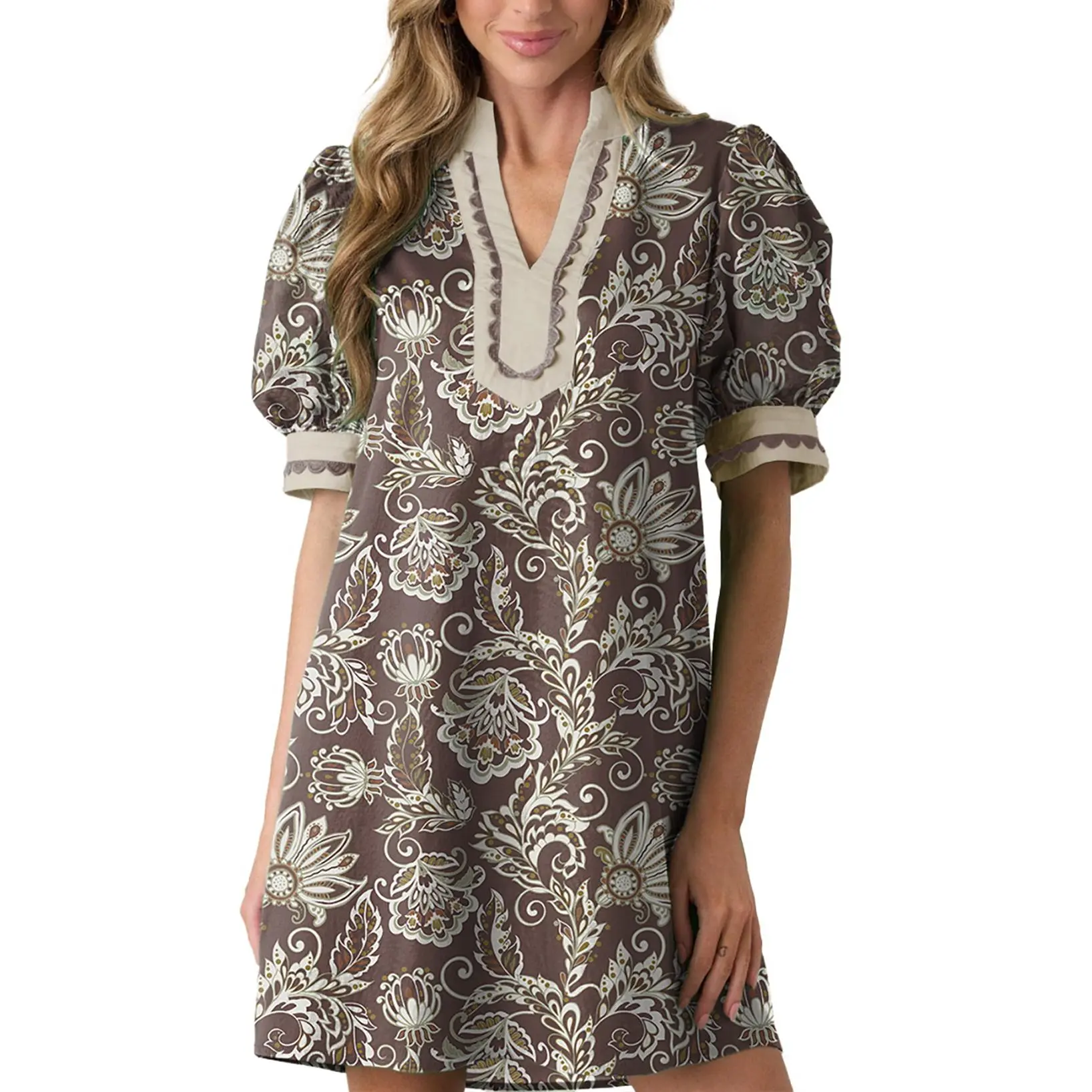 Dokotoo Women's Floral Print V-Neck Mini Dress