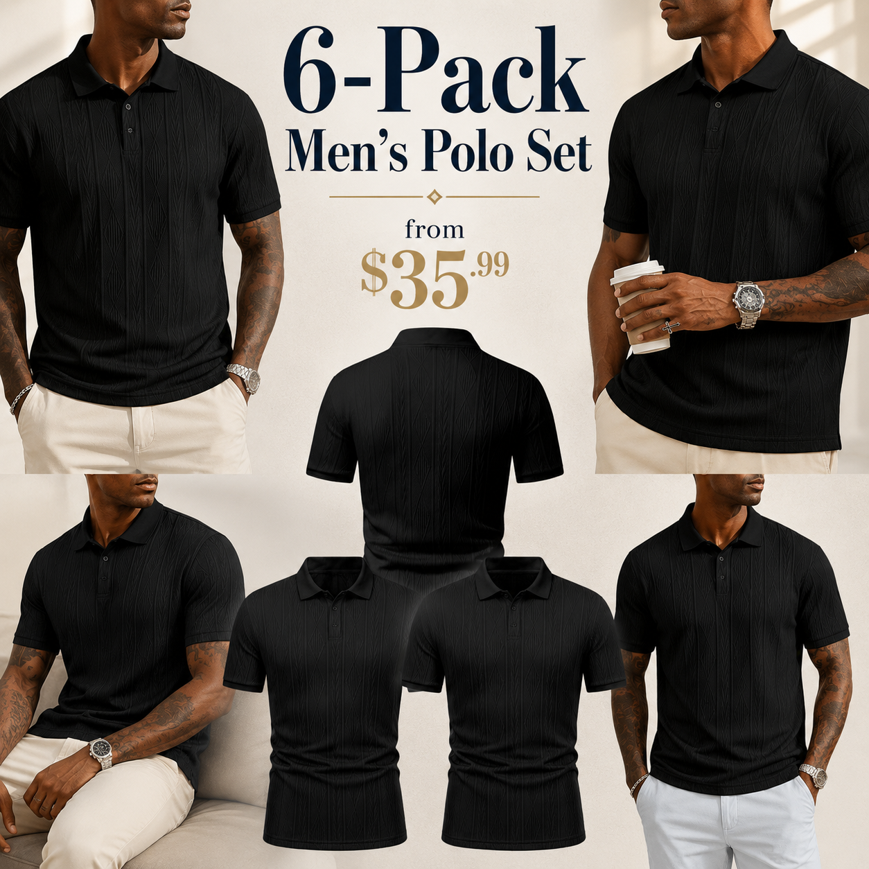 6-Pack Men's Textured Polo Shirt Set