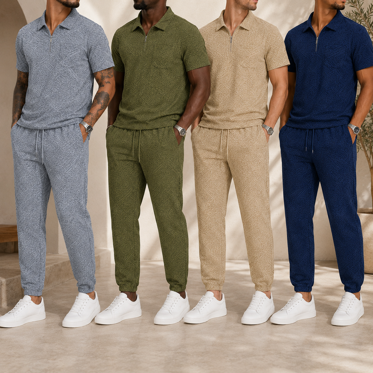 Men's textured half-zip polo and pants set group photo