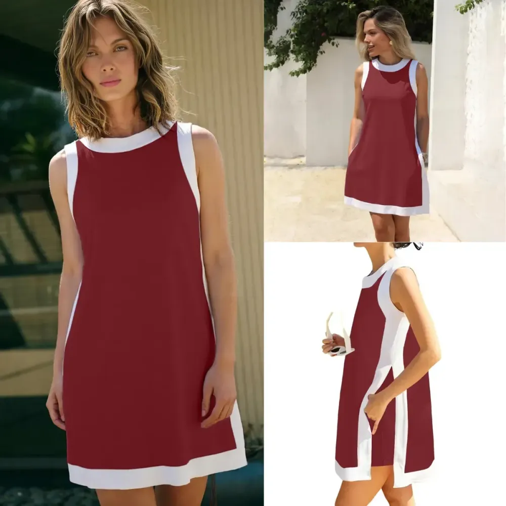 Women's color-blocked crew neck sleeveless pullover with shorts with pockets