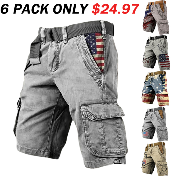 🔥Last Day 80% OFF🔥Men's Vintage Flag Independence Day Multi-Pocket Print Cargo Shorts (Belt Included)