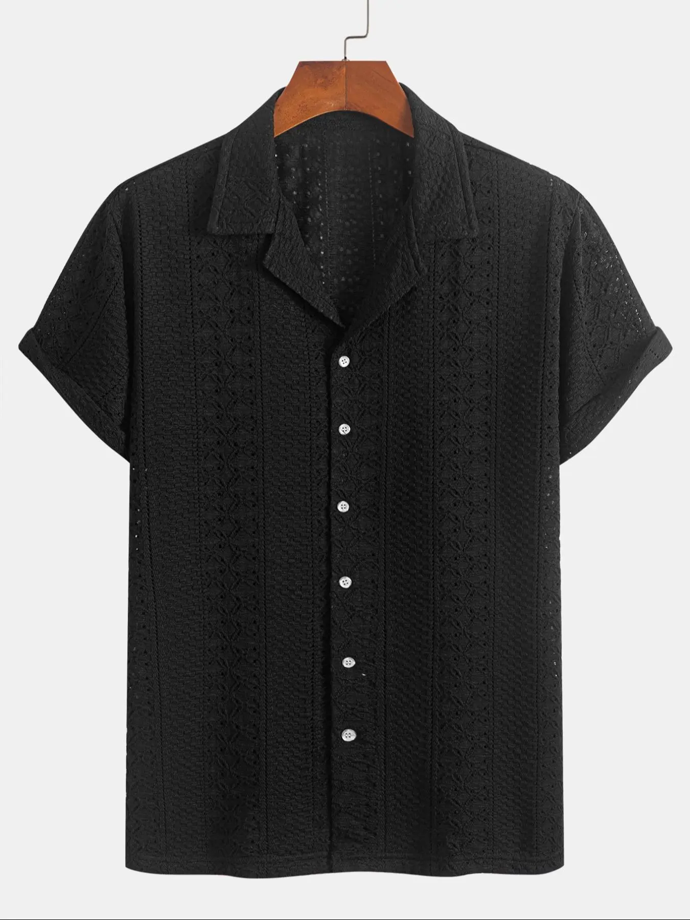Men's Geometric Jacquard Short Sleeve Casual Shirt, Loose Breathable Relaxed Fit Casual Comfy Breathable Top for Summer